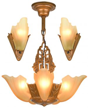 Art Deco 5-Shade Chandelier and Sconce Set by Estellite (ANT-1461)