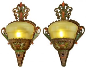 Unusual Pair of Art Deco Polychrome Wall Sconces with Amber Slip Shades (ANT-1466)