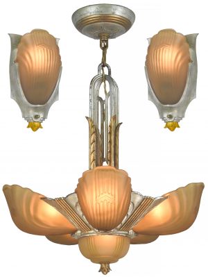 Vintage 1930s Markel Six-Light Art Deco Streamline Chandelier with a Fine Pair of Matching Sconces (ANT-1472)