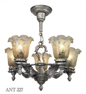 Edwardian 1920s Chandelier 5 Arm Antique Ceiling Light Fixture Pewter (ANT-227)