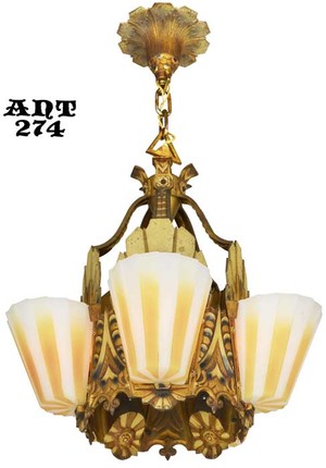 Fabulous Williamson Slip Shade Art Deco five slip shade Chandelier (ANT-274)