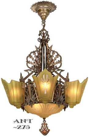 Antique Restored Red-Bronzed Finished Art Deco Slip Shade Chandelier (ANT-275)