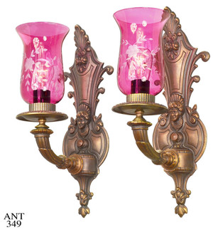 Late Victorian/Edwardian Pair of Ruby shade sconces (ANT-349)