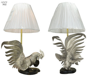 Vintage Rooster Table Lamps Pair Hand Made Silver Color Bird Figural (ANT-362)