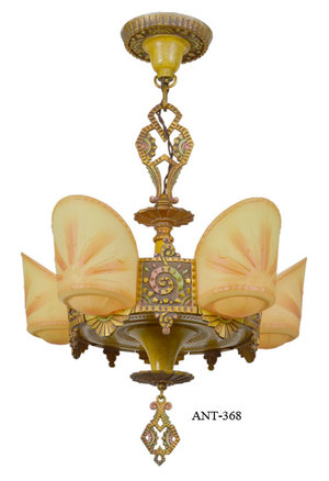 Art Deco Slip Shade Chandelier 1930s 5 Light by Williamson Beardslee (ANT-368)