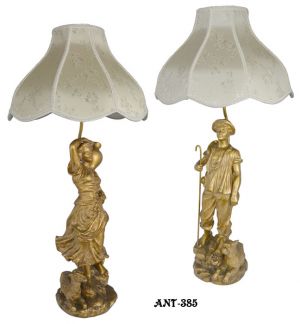Table Lamps Vintage Shepherd and Shepherdess Pair Old Gold Finish (ANT-385)
