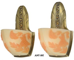 Art Deco Wall Sconces with Cameo Slip Shades Scarce Pair Moe Bridges (ANT-387)