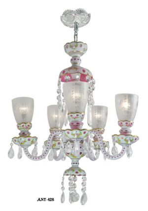 Antique Bohemian Glass 5 Arm Chandelier Circa 1920 - 1930 White Pink (ANT-428)