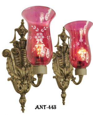 Rococo Style 1920s Wall Sconces Cranberry Glass Shades Ornate Lights (ANT-443)