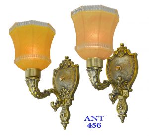 Antique 1920s Pair of Art Deco Wall Sconces with Amber Shades (ANT-456)
