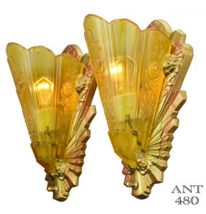 Art Deco Polychrome Antique Slip Shade Wall Sconces Circa 1933 by Frankelite Co. (ANT-480)