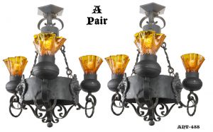 Gothic Victorian Wrought Iron Lion Head Motif Chandeliers - PAIR (ANT-488)