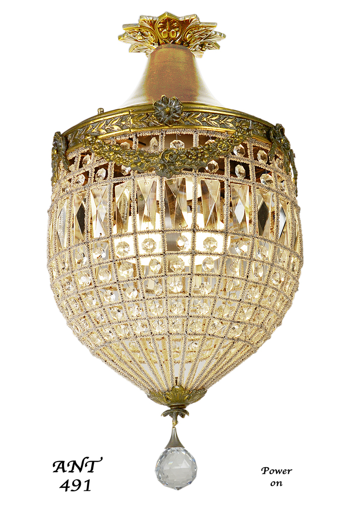 Vintage Hardware & Lighting - French Crystal Basket Style Brass Chandelier  - Vintage Ceiling Light (ANT-491)