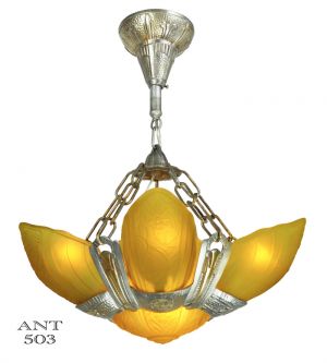 Original Art Deco Lincoln Fleurette Slip Shade 6 Light Chandelier With Amber Shades (ANT-503)