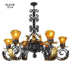 Gothic Style Antique 6 Arm Black Iron Steel Chandelier w/ Gold Detail (ANT-514)