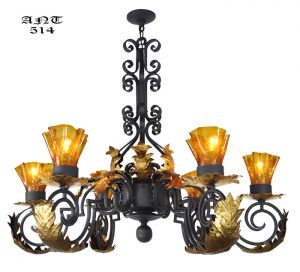 Gothic Style Antique 6 Arm Black Iron Steel Chandelier w/ Gold Detail (ANT-514)