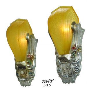 Art Deco Antique Polychrome Wall Sconces Amber Slip Shades by Riddle (ANT-515)