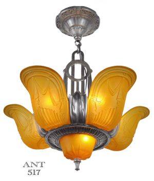 Art Deco Streamline Chandelier 1930s 6 Light Ceiling Fixture by Globe (ANT-517)