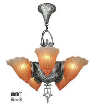 Art Deco Antique 5 Light Slip Shade Ceiling Chandelier by Linoln (ANT-543)
