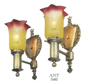 Edwardian Antique Wall Sconces Pair w/ Amberina Style Painted Shades (ANT-546)