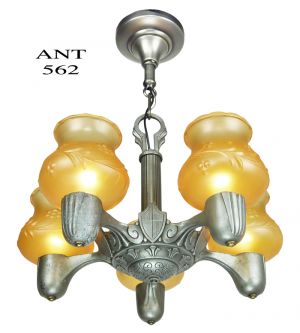 Art Deco 1930s Pewter Color 5 Light Ceiling Chandelier Amber Shades (ANT-562)