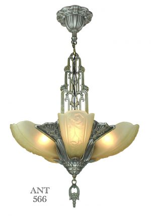 Art Deco American 5 Light Slip Shade Chandelier Globe Lighting 1930s (ANT-566)