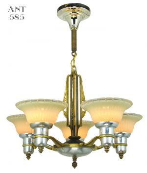 Art Deco Streamline Chandelier 5 Arm Light Fixture by Mid-West Mnf (ANT-585)