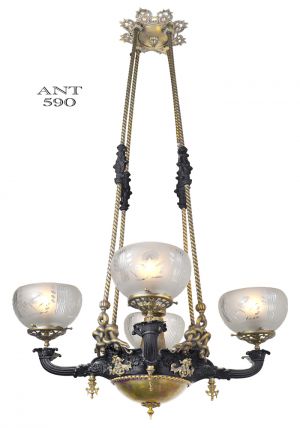 Victorian Gasolier 4 Arm Chandelier Serpent Snake Motif Circa 1850 (ANT-590)