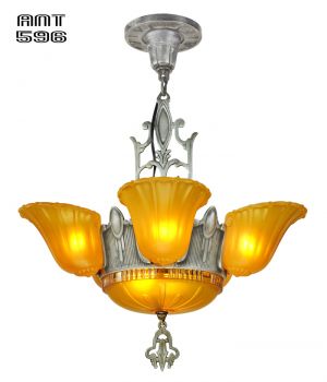 Art Deco Slip Shade Antique Chandelier 6 Light 1930s Ceiling Fixture (ANT-596)