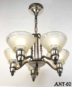 Antique Art Deco Mid-West 5 Light Chandelier With Original Shades (ANT-60)