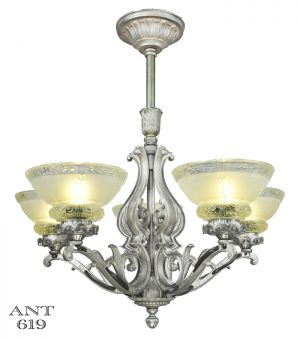 Art Deco Antique Chandelier 5 Light Ceiling Fixture Pewter Original (ANT-619)