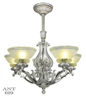 Art Deco Antique Chandelier 5 Light Ceiling Fixture Pewter Original (ANT-619)