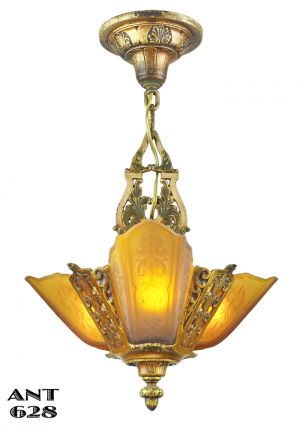 Art Deco Antique 3 Light Pendant 1930s Ceiling Fixture by Moe Bridges (ANT-628)