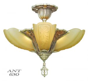 Art Deco Slip Shade Chandelier 5 Light 1930s Ceiling Fixture by Globe (ANT-630)