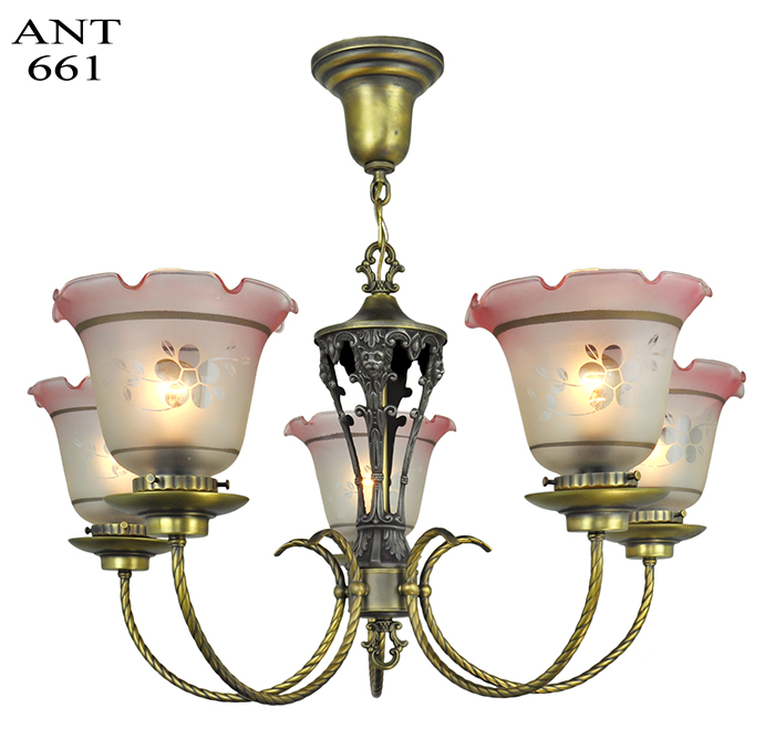 Edwardian Chandelier 5 Arm Ceiling Light Fixture Circa 1920 Lighting ANT 661