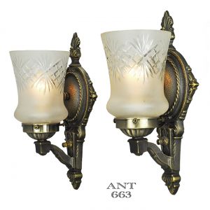 Edwardian Wall Sconces Pair of Antique Lights and Cut Glass Shades (ANT-663)