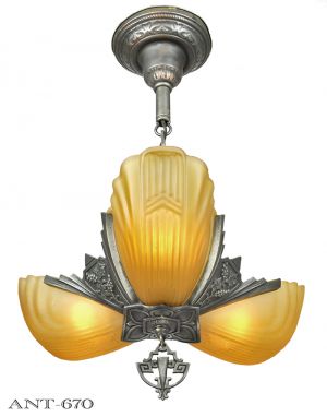 Art Deco Chandelier 3 Slip Shade Ceiling Light Fixture 1930s Markel (ANT-670)