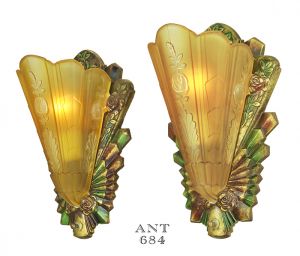 Art Deco Pair Antique Polychrome Wall Sconces Frankelite 1930s Lights (ANT-684)