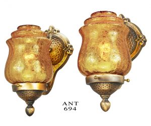 Arts & Crafts Style Wall Sconces Pair Bronze and Crackle Glass Lights (ANT-694)