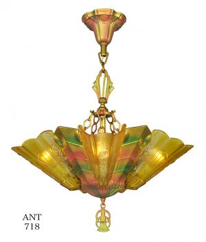 Art Deco Slip Shade Chandelier 1930s Polychrome 5 Light by Frankelite (ANT-718)