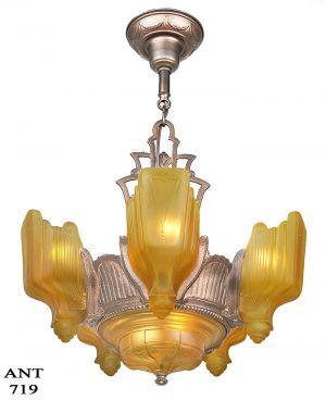 Art Deco 6 Light Chandelier Antique 1930s Slip Shade Ceiling Fixture (ANT-719)