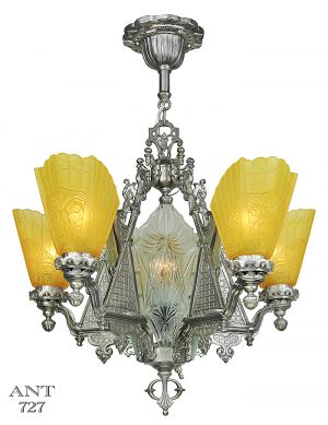 Art Deco 5 Arm Chandelier with Cut Glass Center Panels Ceiling Light (ANT-727)