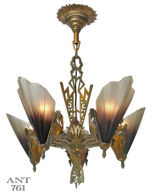 Antique Art Deco Chandelier 5 Slip Shade Soleure Light by Mid West (ANT-761)