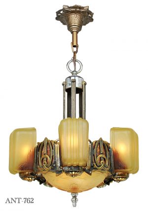 Art Deco Chandelier Antique 6 Light Slip Shade 1930s Ceiling Fixture (ANT-762)