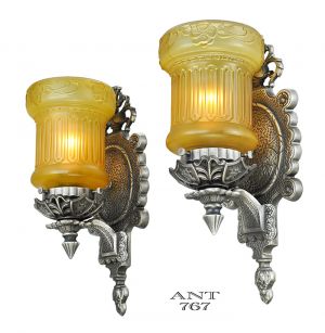 Edwardian Pair Wall Sconces Antique Light Fixtures with Amber Shades (ANT-767)