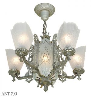 Art Deco Antique Chandelier With Cut Glass Center 5 Arm Ceiling Light Ant 790