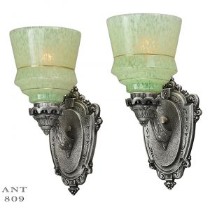 Antique Wall Sconces Pair 1920s Lights with End of Day Glass Shades (ANT-809)