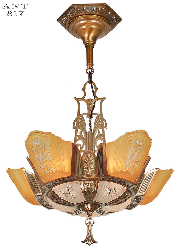 Art Deco 5 Light Chandelier Vintage Slip Shade Virden Ceiling Fixture Ant 817 Art Deco 5 Light Chandelier Vintage Slip Shade Virden Ceiling Fixture Ant 817