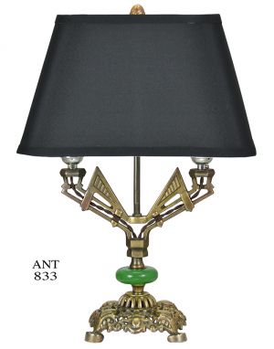 Art Deco Antique Brass Plated Table Lamp with Green Glass Decor 1920s (ANT-833)