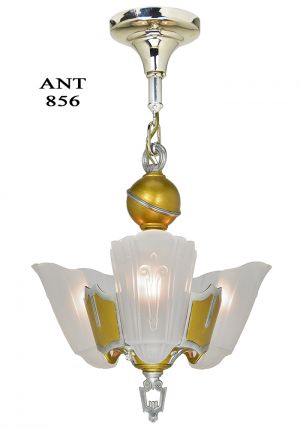 Art Deco 3 Light Chandelier Antique 1930s Slip Shade Ceiling Fixture (ANT-856)